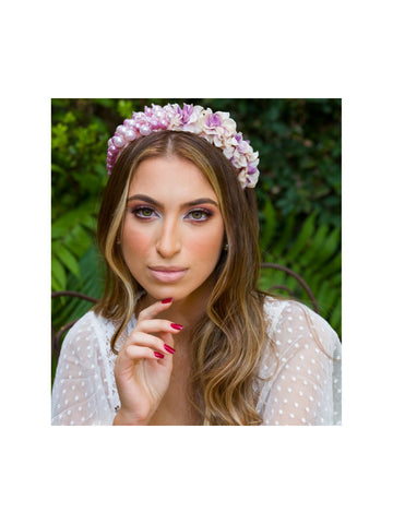 Tiara com Flores e Pérolas Lilás Boho Gestantes Grinalda